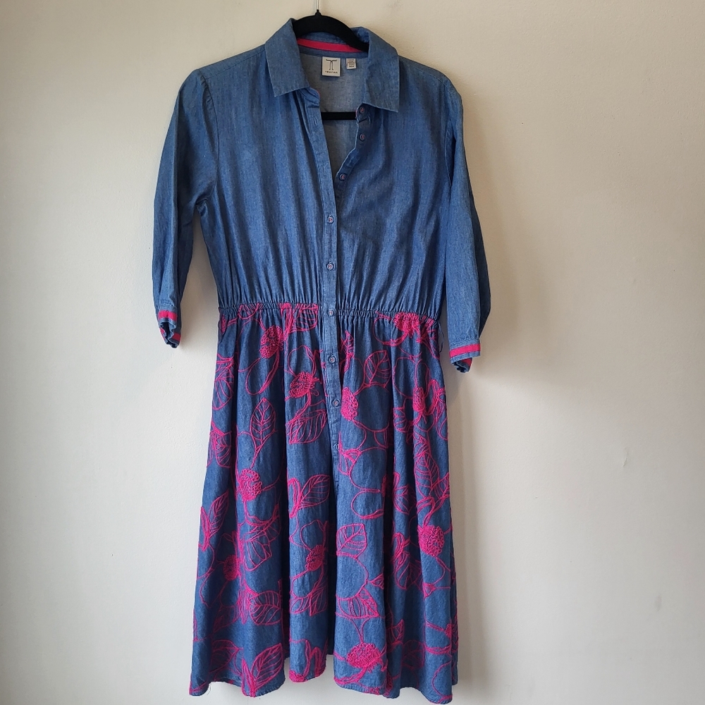 Tristan Blue Jean Flowy Pink Floral Embroidery Countryside Chic Feminine Dress - Picture 1 of 9